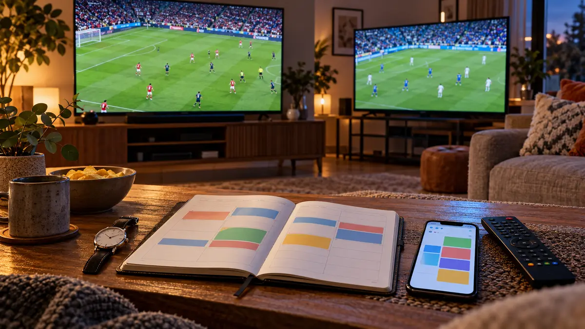 To TV-skjermer viser fotballkamper i en lun stue, mens en åpen planlegger, mobiltelefon, klokke, fjernkontroll, kaffekopp og skål med snacks ligger på bordet.
